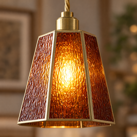 Polygonal Brass & Glass LED Pendant Light - Amber close-up detail
