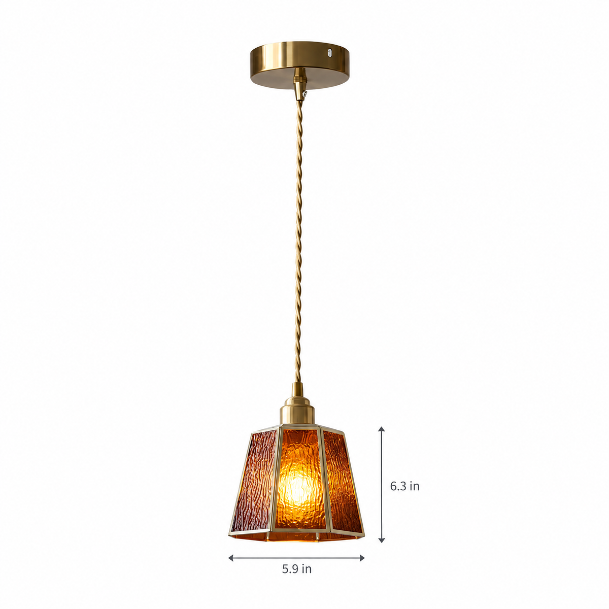Polygonal Brass & Glass LED Pendant Light - Amber on white with dimensions
