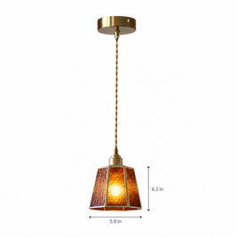 Polygonal Brass & Glass LED Pendant Light - Amber on white with dimensions