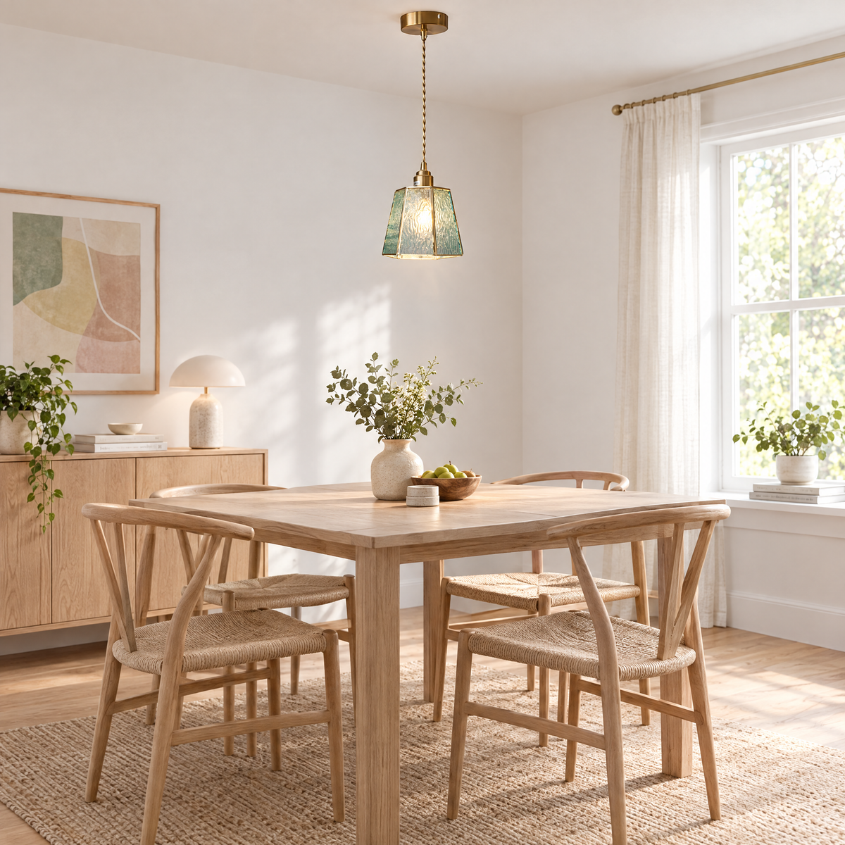 Polygonal Brass & Glass LED Pendant Light - Blue in a dining room