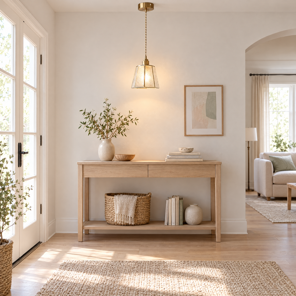 Polygonal Brass & Glass LED Pendant Light - Transparent in an entryway