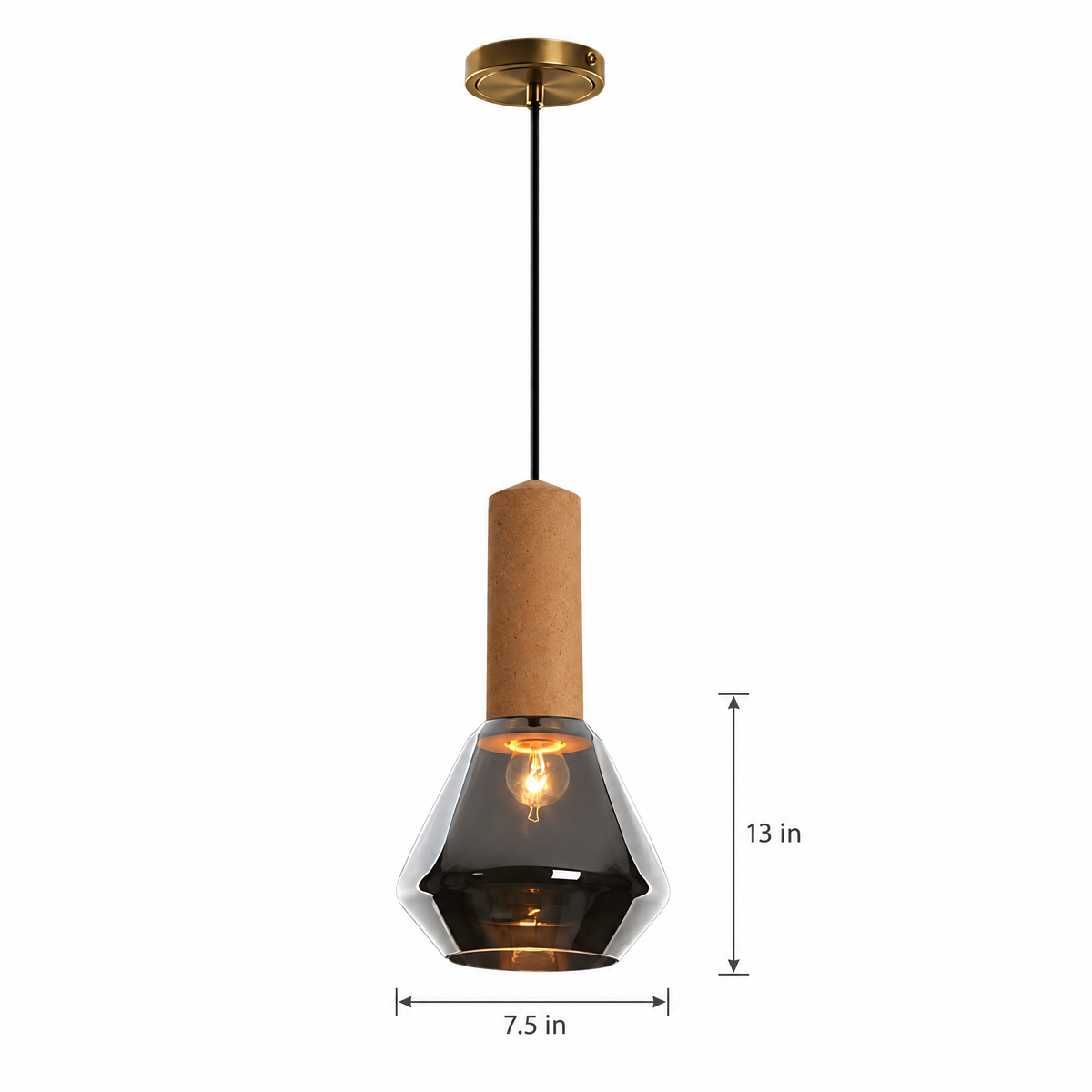 Copper Glass Jar Pendant Light with Wood on white with dimensions