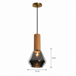 Copper Glass Jar Pendant Light with Wood on white with dimensions
