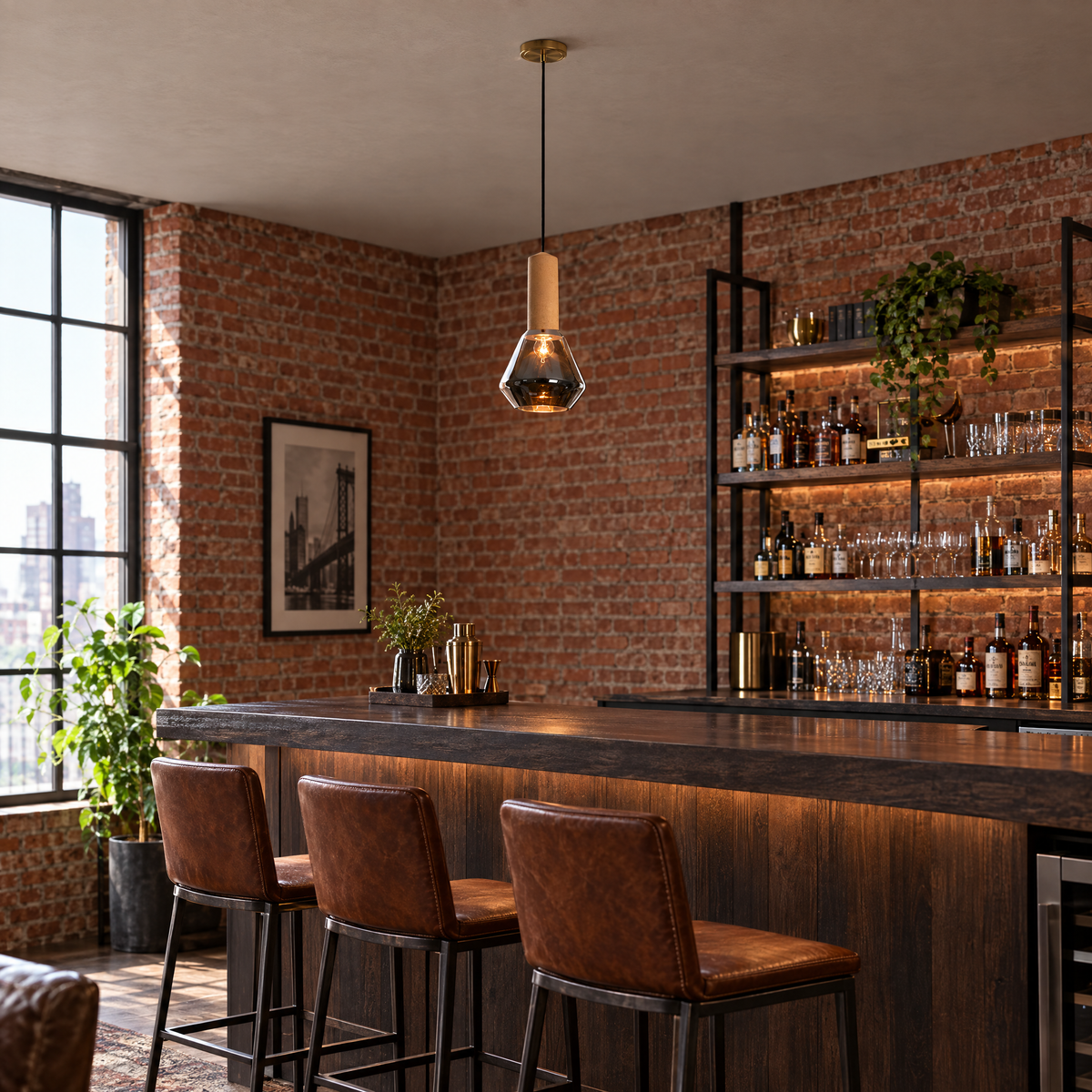 Copper Glass Jar Pendant Light with Wood in a home bar