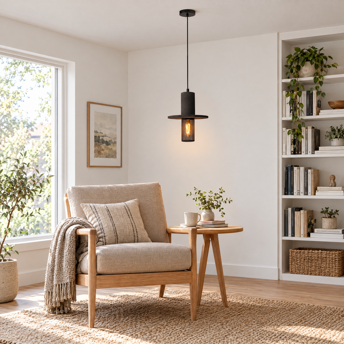 Cement & Mesh Pendant Light, Industrial LED - Black Sandstone in a reading corner