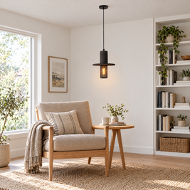 Cement & Mesh Pendant Light, Industrial LED - Black Sandstone in a reading corner