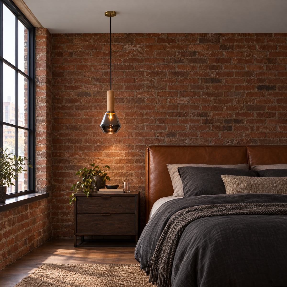 Copper Glass Jar Pendant Light with Wood in a bedroom