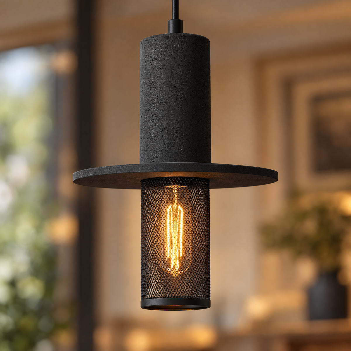 Cement & Mesh Pendant Light, Industrial LED - Black Sandstone close-up detail