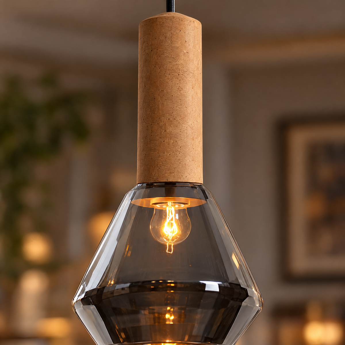 Copper Glass Jar Pendant Light with Wood close-up detail