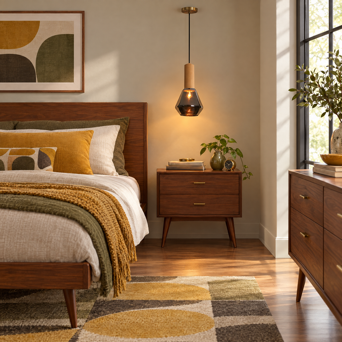 Copper Glass Jar Pendant Light with Wood in a bedroom