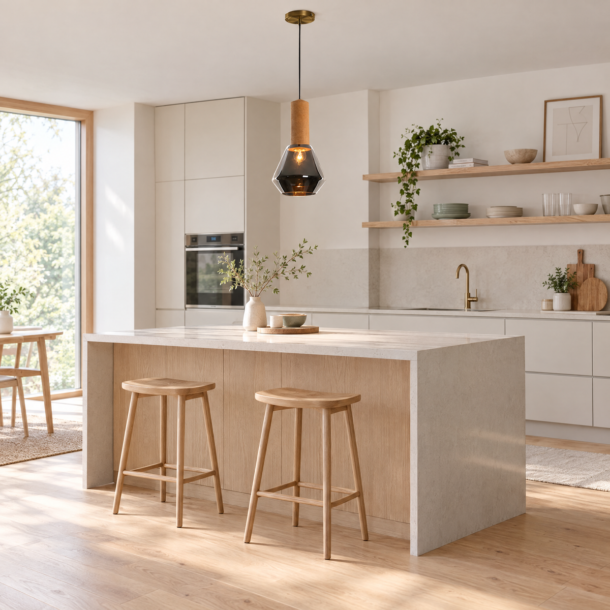Copper Glass Jar Pendant Light with Wood in a kitchen