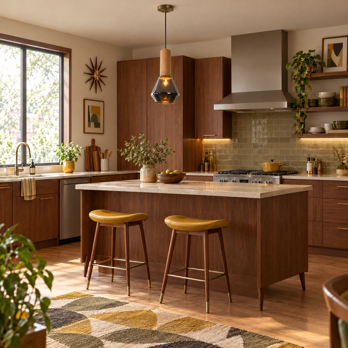 Copper Glass Jar Pendant Light with Wood in a kitchen