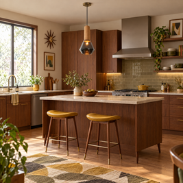 Copper Glass Jar Pendant Light with Wood in a kitchen