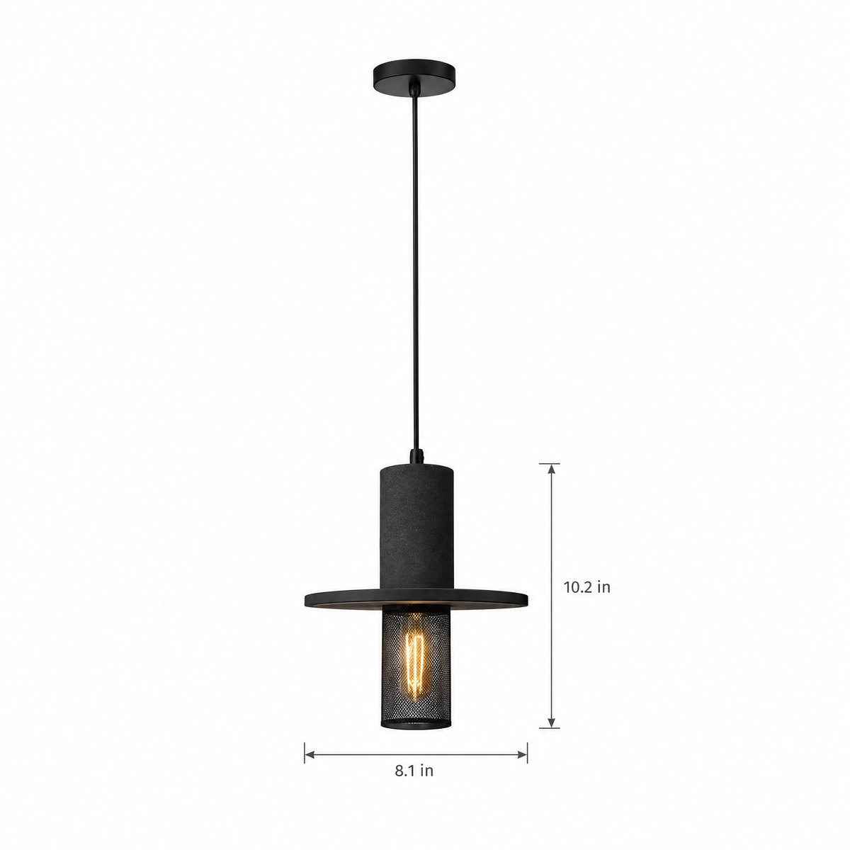 Cement & Mesh Pendant Light, Industrial LED - Black Sandstone on white with dimensions