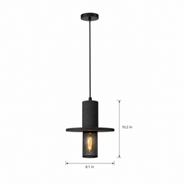 Cement & Mesh Pendant Light, Industrial LED - Black Sandstone on white with dimensions