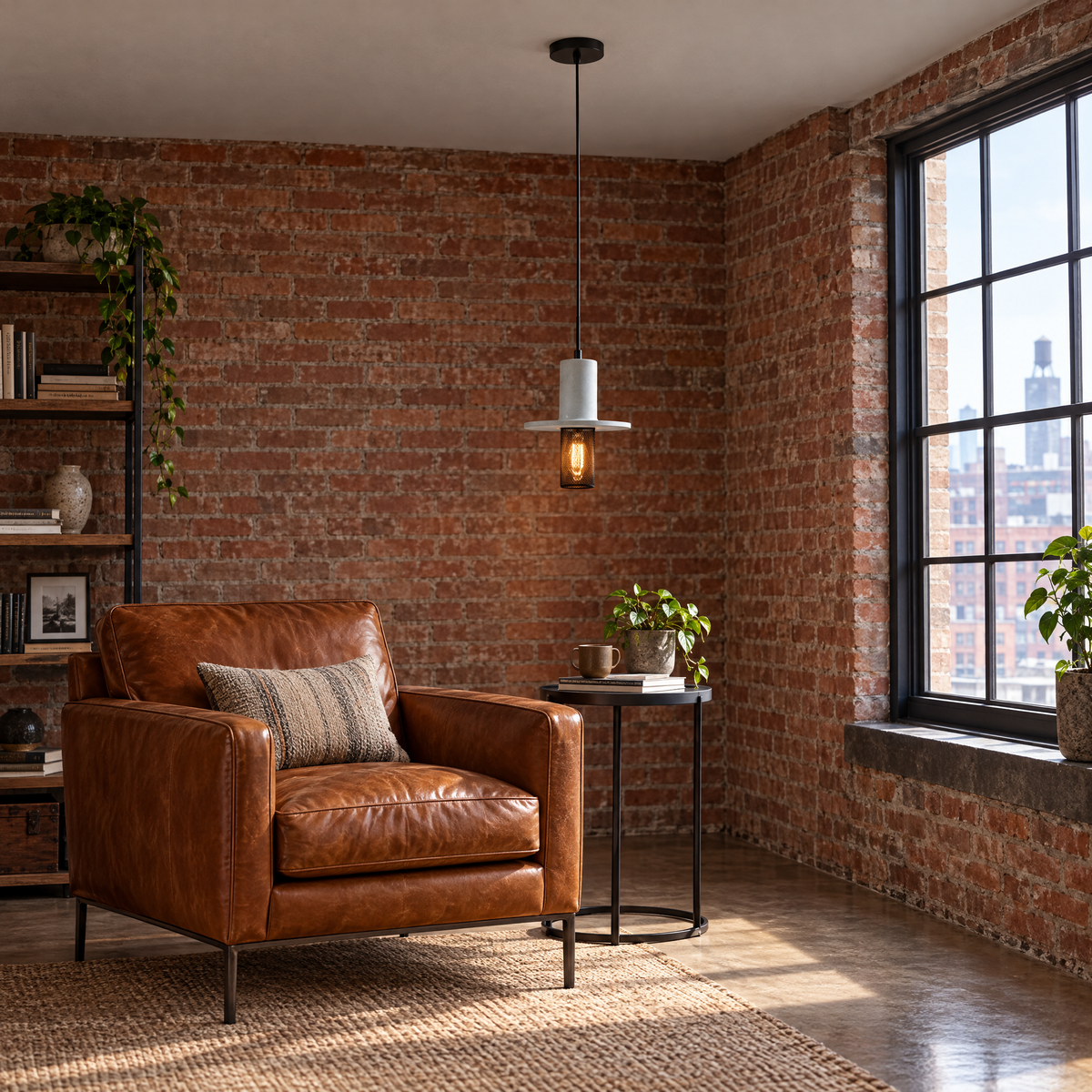 Cement & Mesh Pendant Light, Industrial LED - Cement in a reading corner