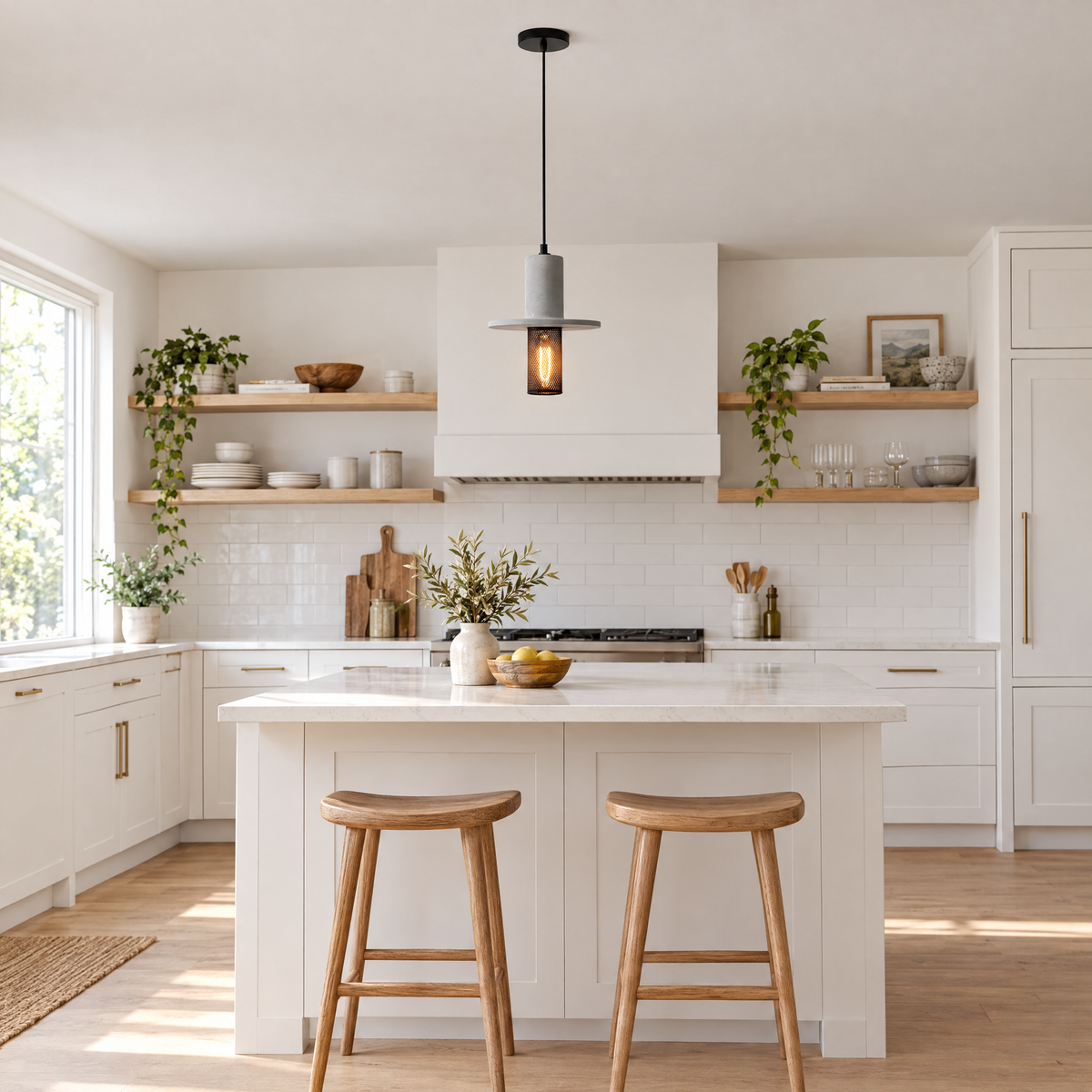 Cement & Mesh Pendant Light, Industrial LED - Cement in a kitchen