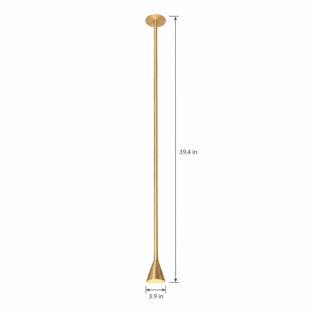 39 in. Long Tube Cone Pendant Light - Gold on white with dimensions