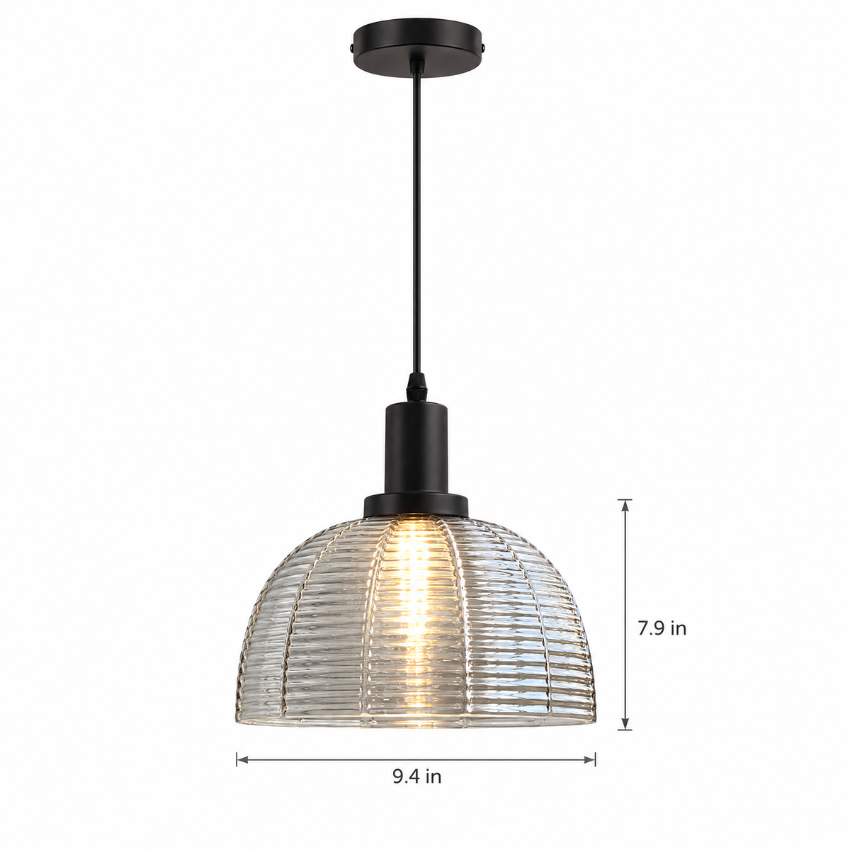 9.44 in. Glass Dome Pendant Light, Vintage on white with dimensions