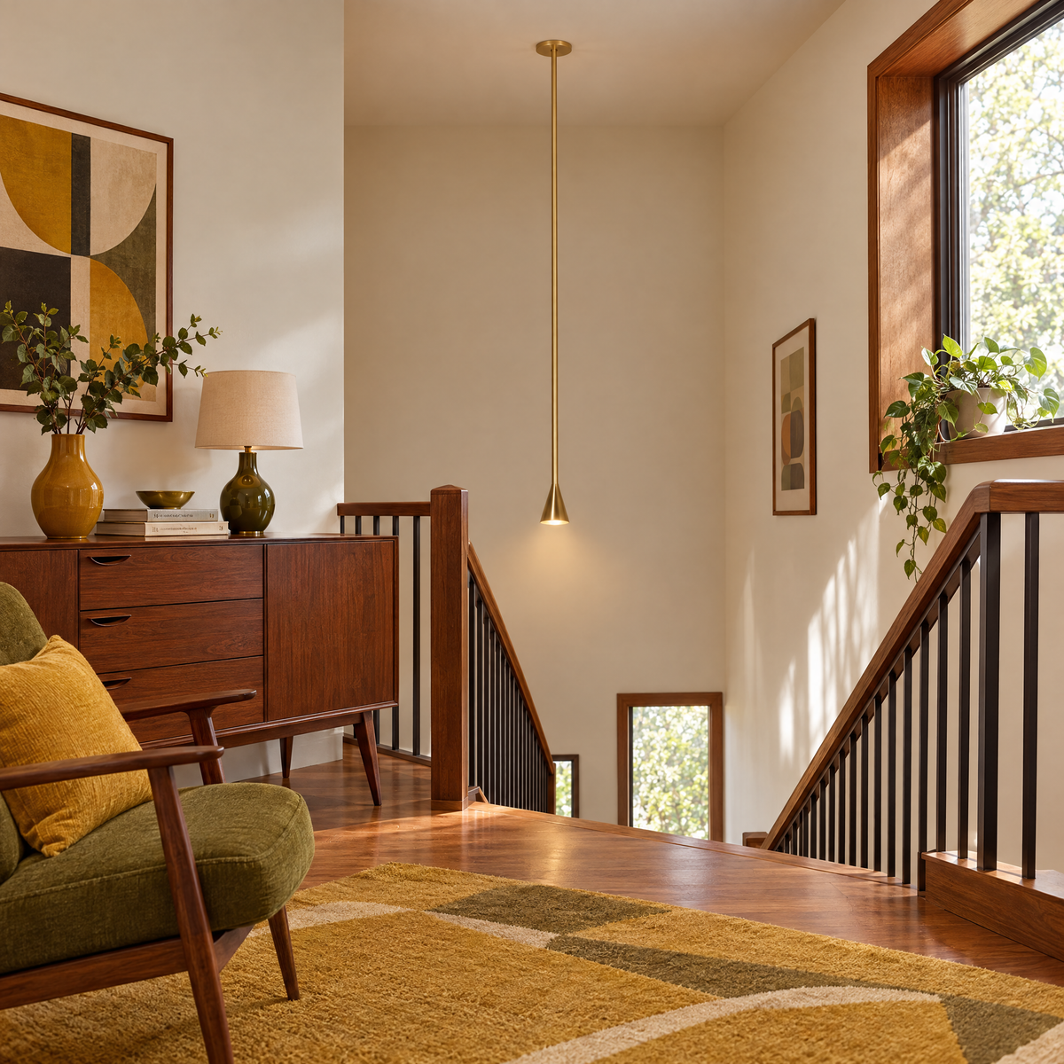 39 in. Long Tube Cone Pendant Light - Gold in a stairwell