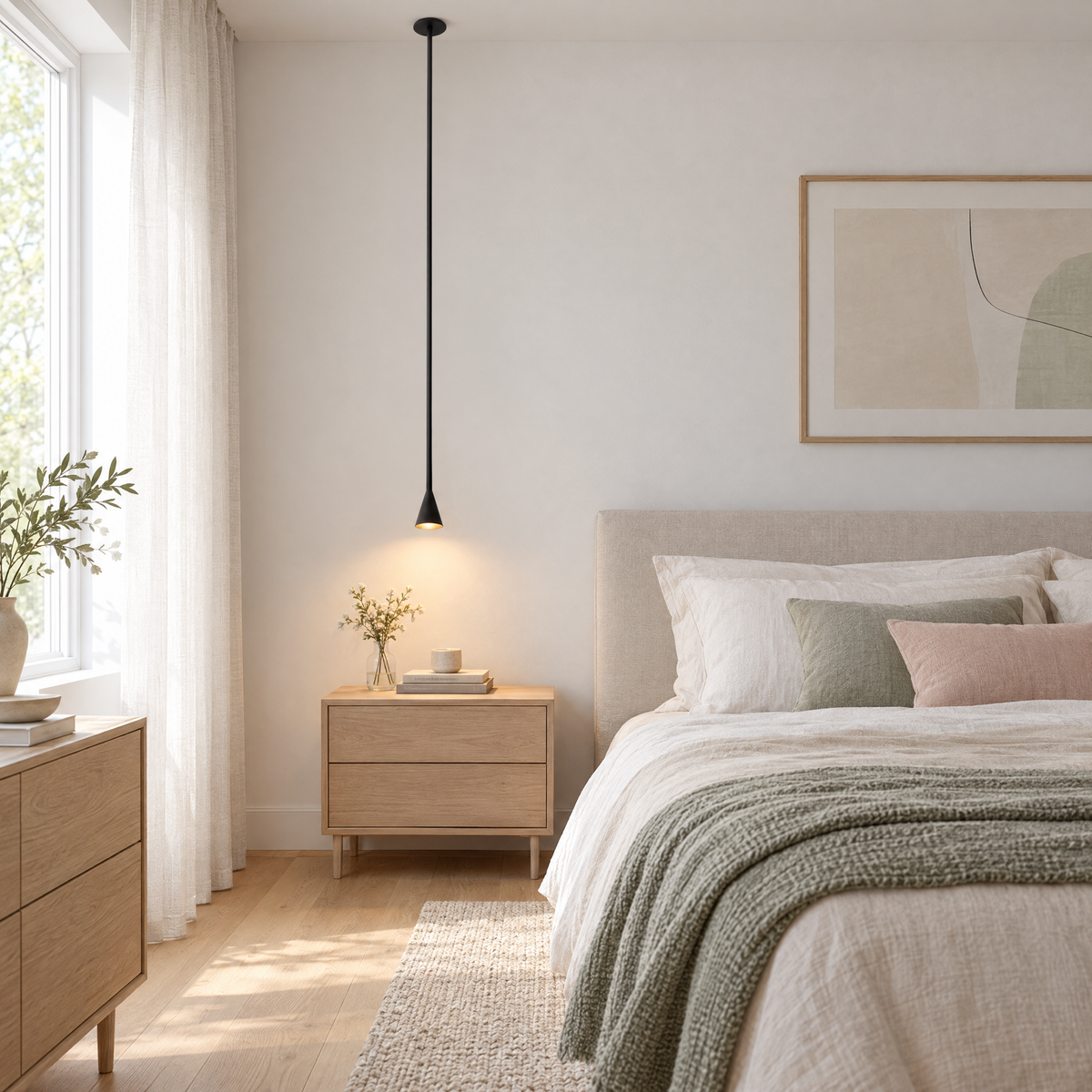 39 in. Long Tube Cone Pendant Light - Black in a bedroom