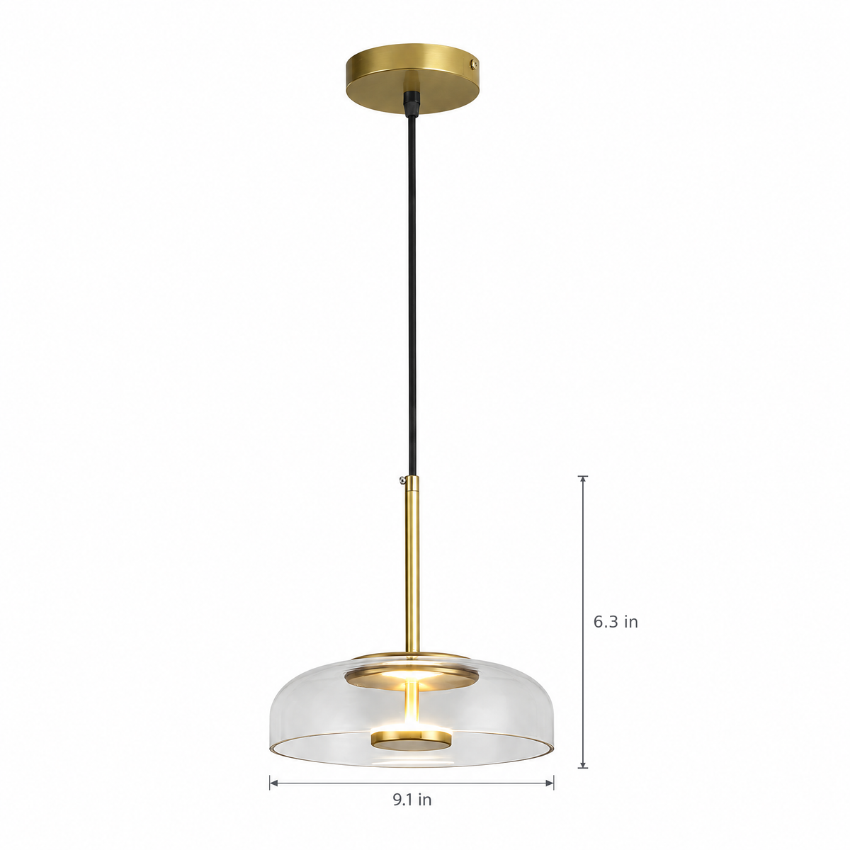 Classic Glass Pendant Light, Cognac or Gray - Transparent on white with dimensions