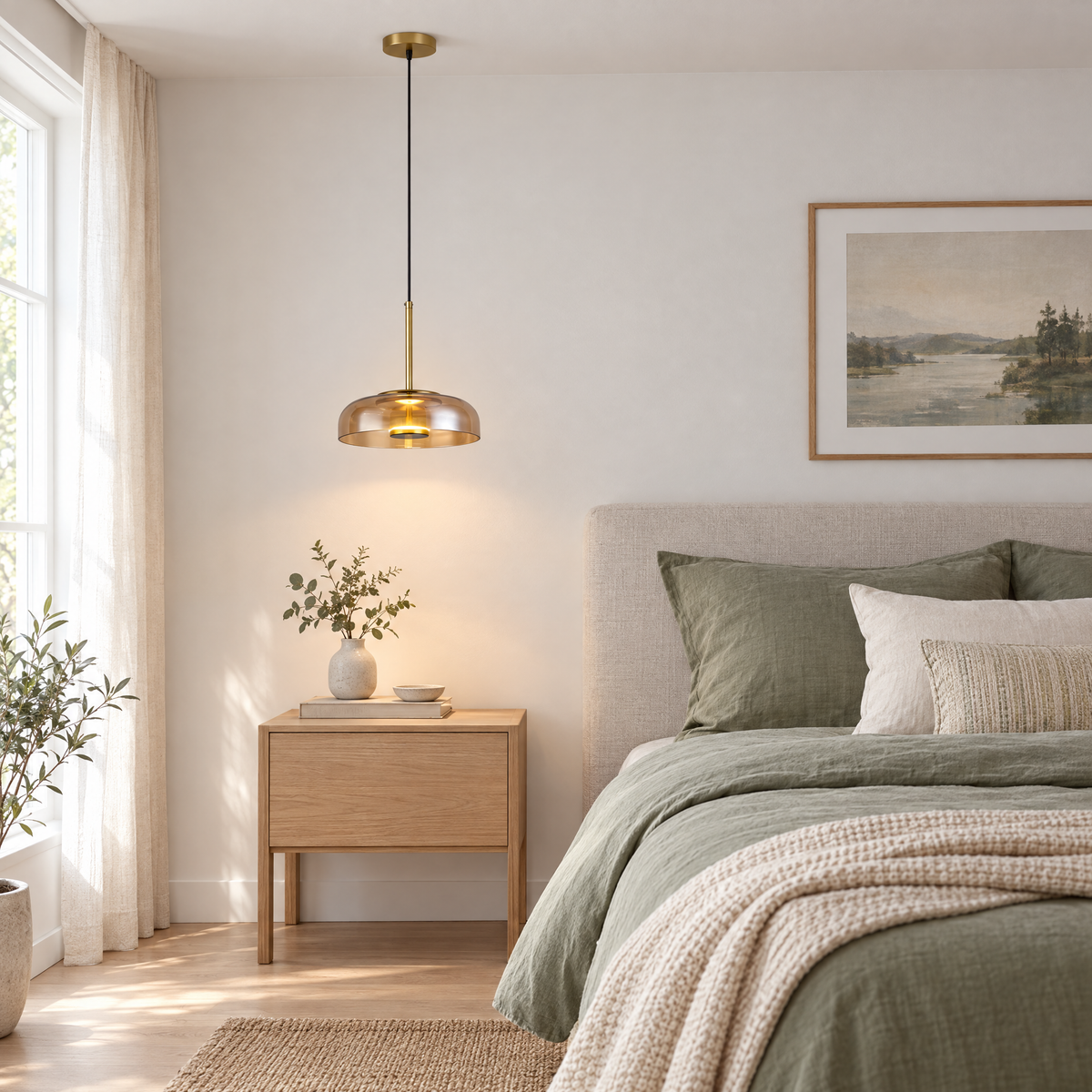 Classic Glass Pendant Light, Cognac or Gray - Cognac in a bedroom