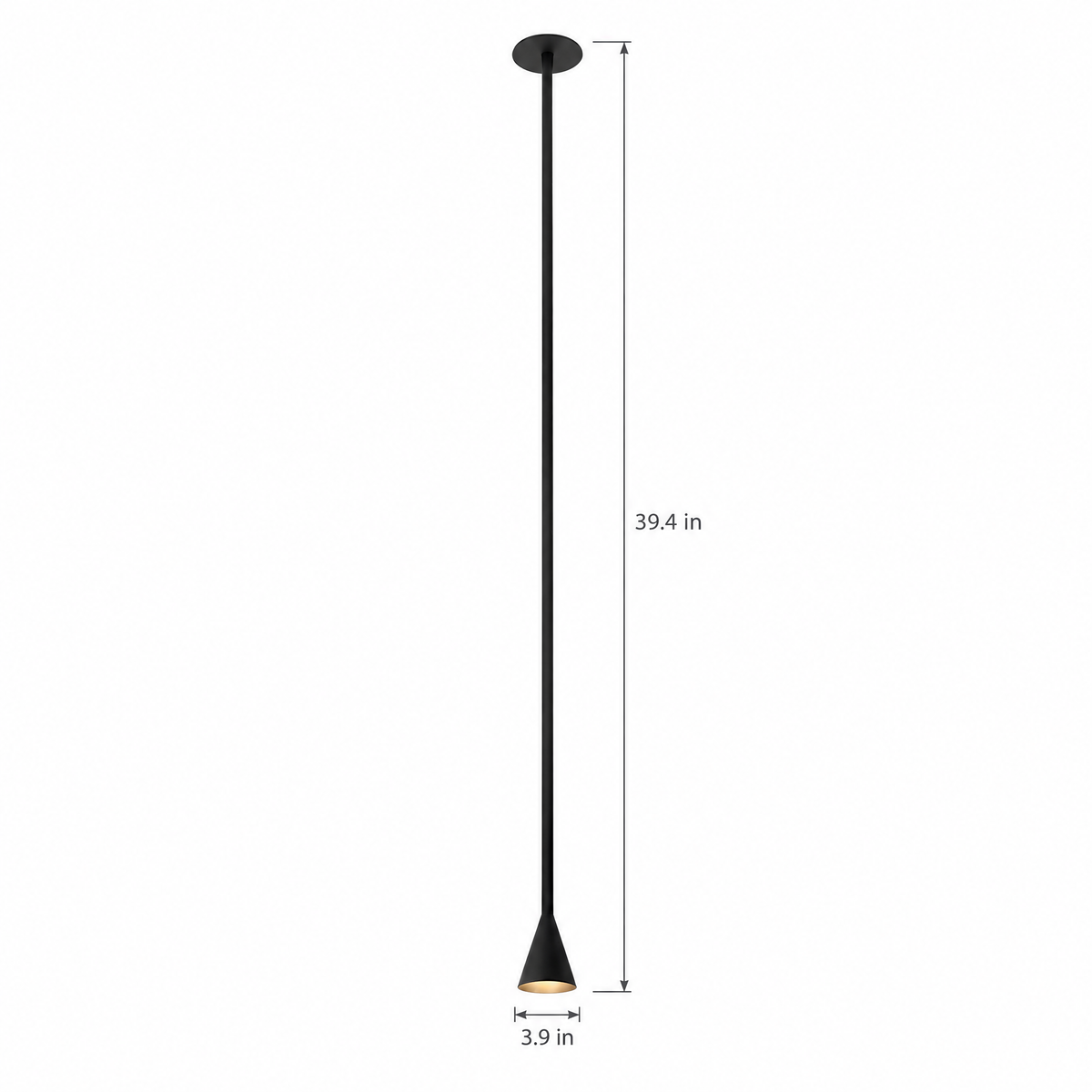 39 in. Long Tube Cone Pendant Light - Black on white with dimensions