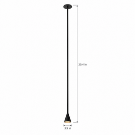 39 in. Long Tube Cone Pendant Light - Black on white with dimensions