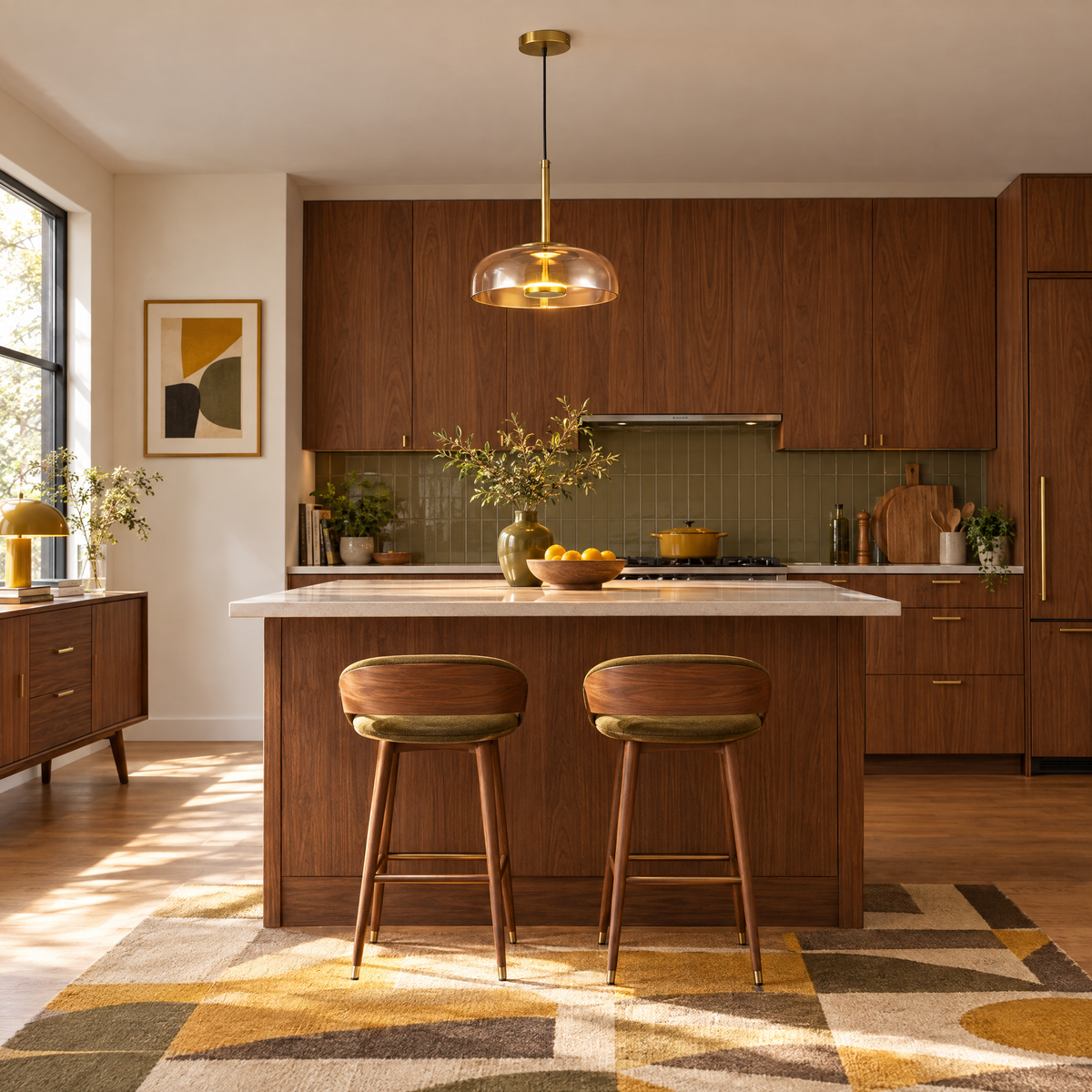 Classic Glass Pendant Light, Cognac or Gray - Cognac in a kitchen