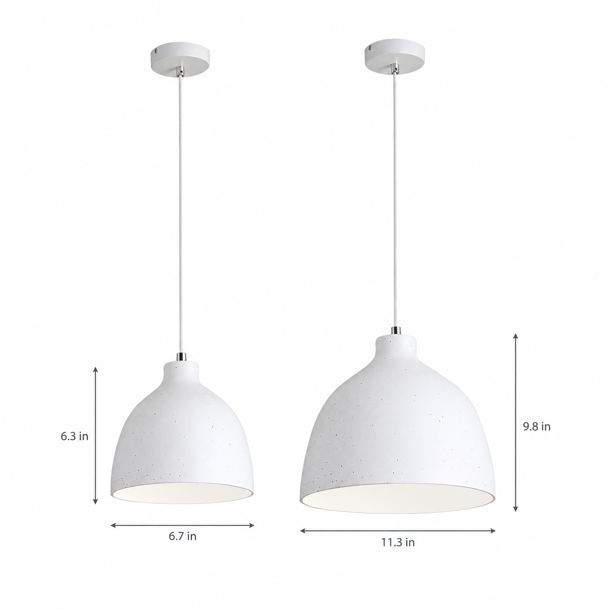Adjustable Resin Bowl Pendant Light - White on white with dimensions