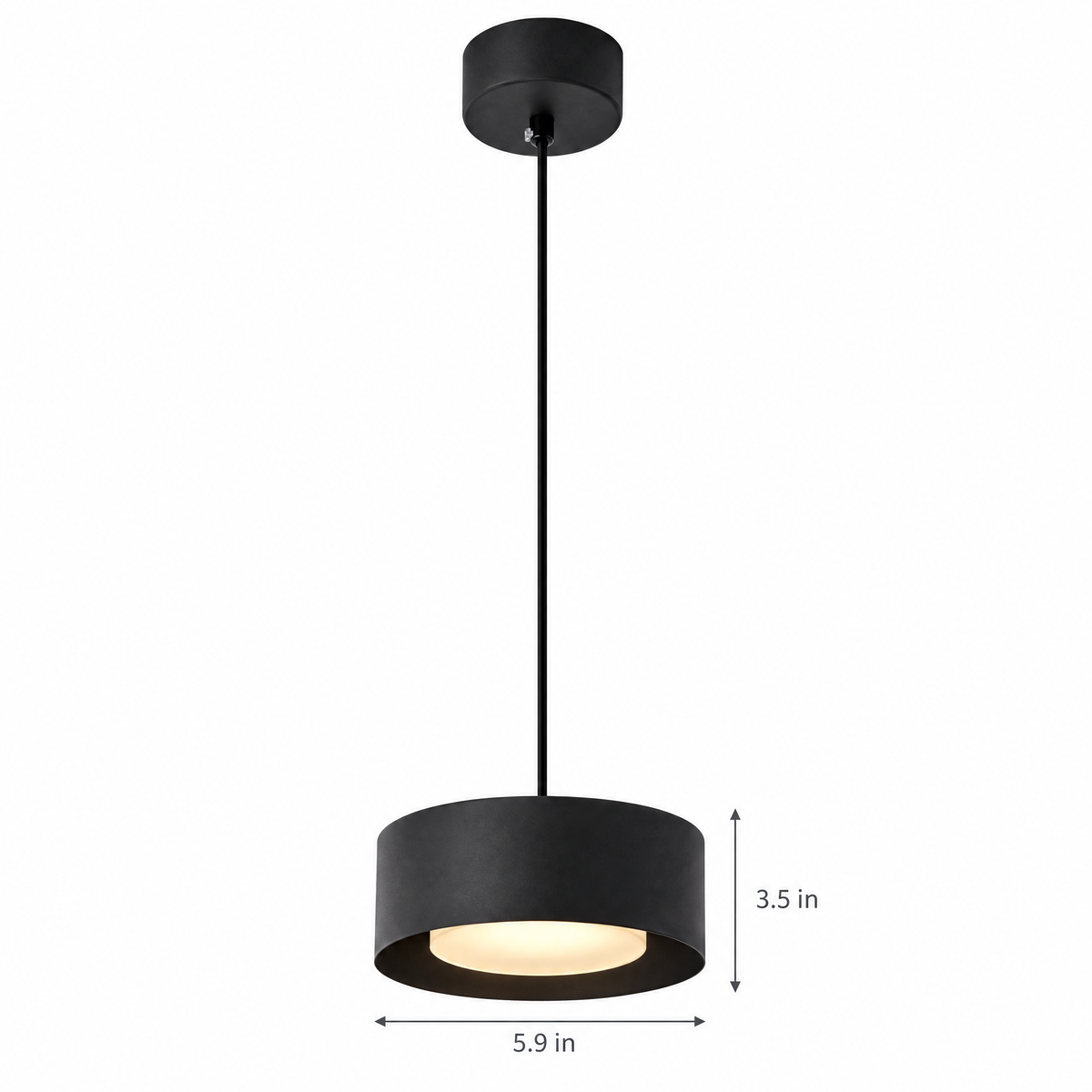 Modern Mini Round Pendant Light - Black on white with dimensions