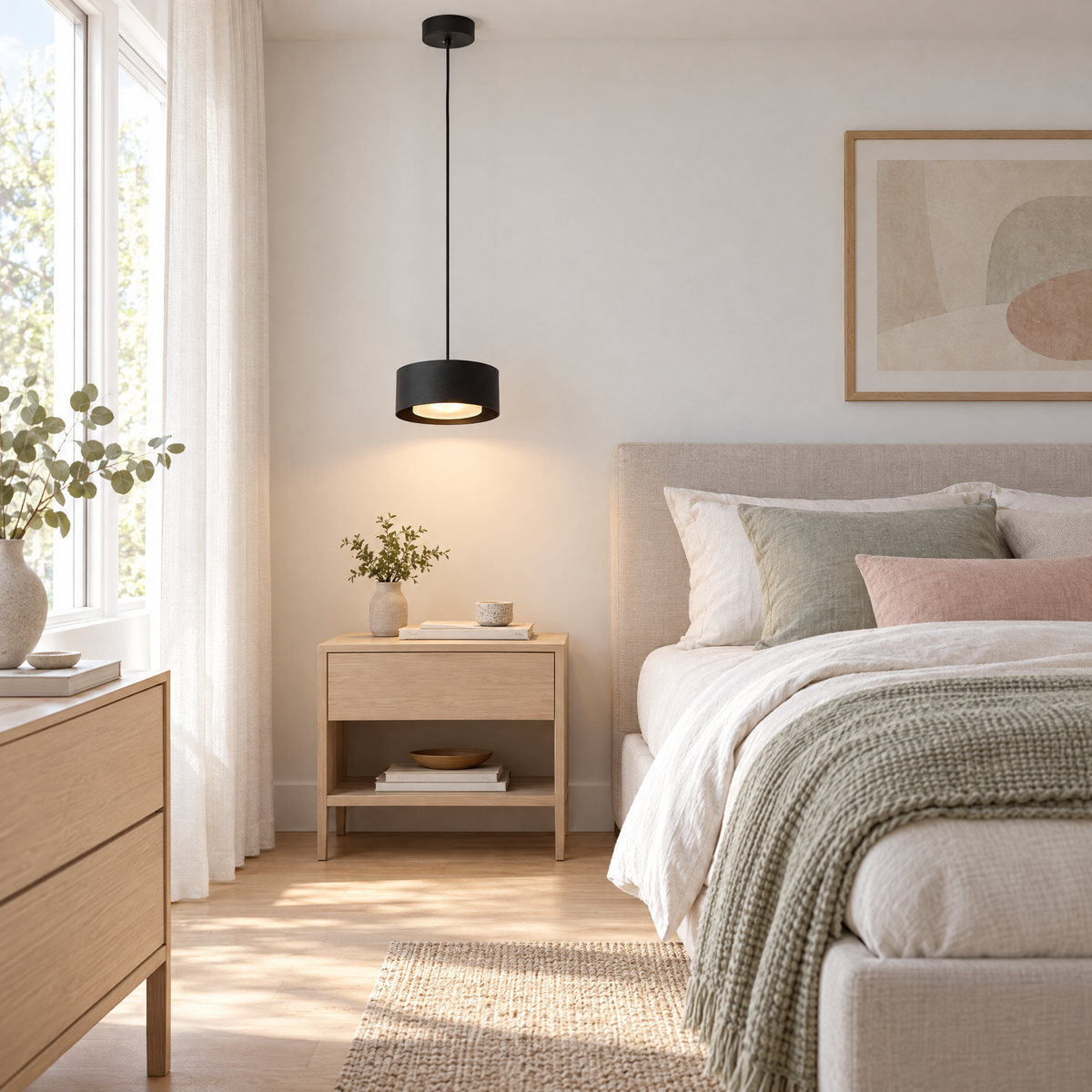 Modern Mini Round Pendant Light - Black in a bedroom