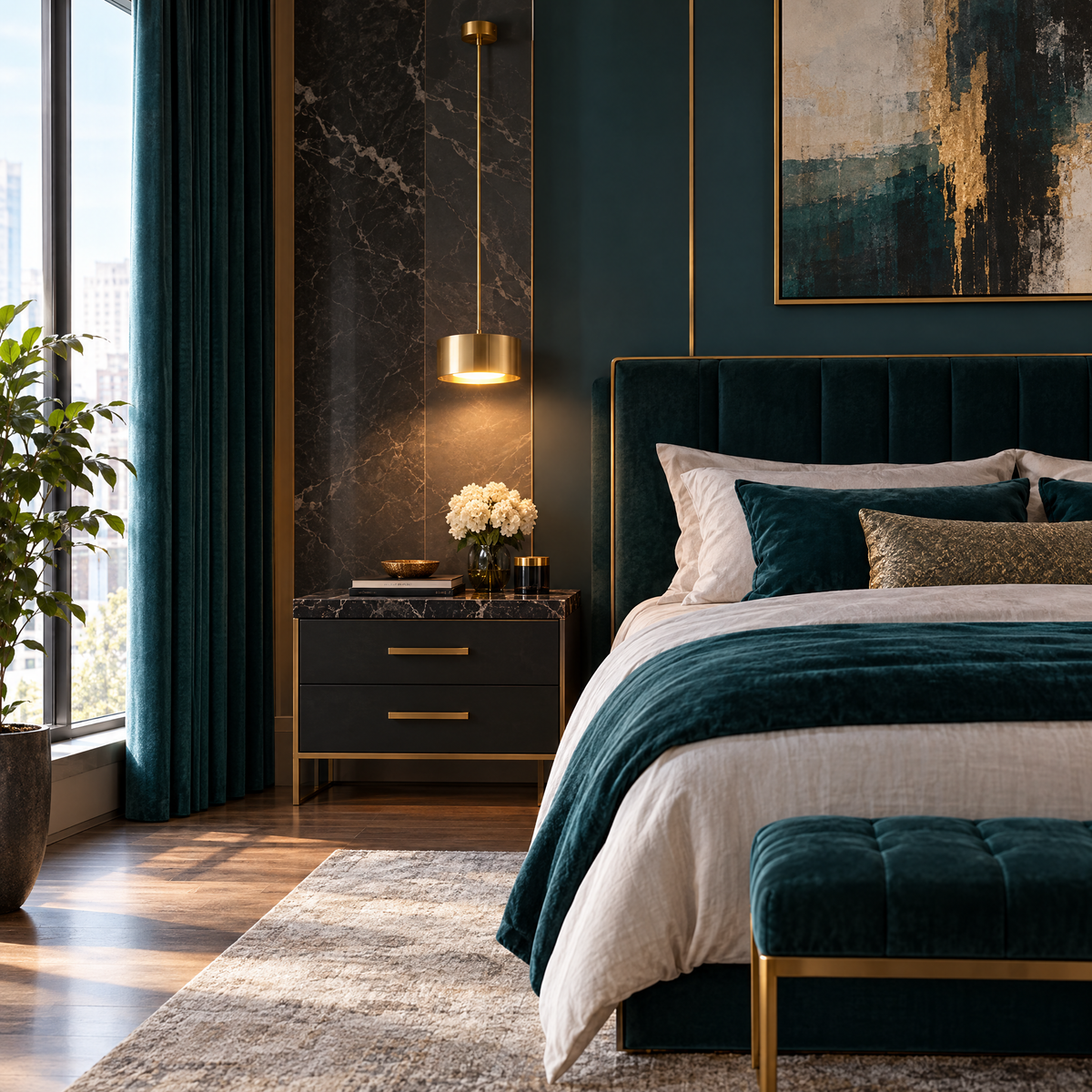 Modern Mini Round Pendant Light - Gold in a bedroom