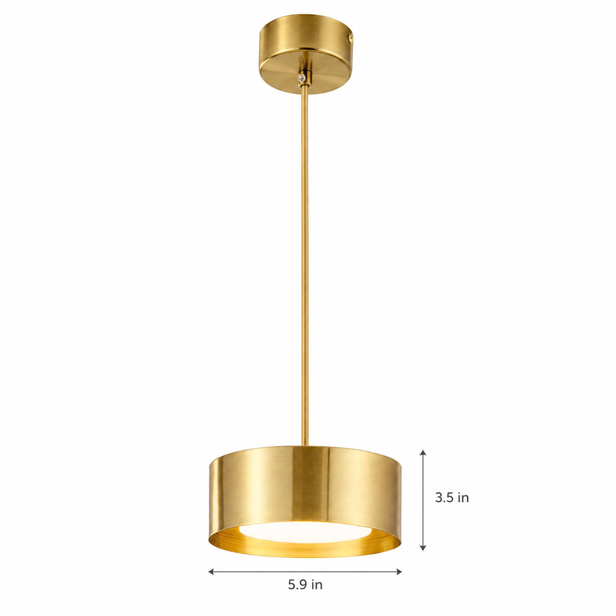 Modern Mini Round Pendant Light - Gold on white with dimensions