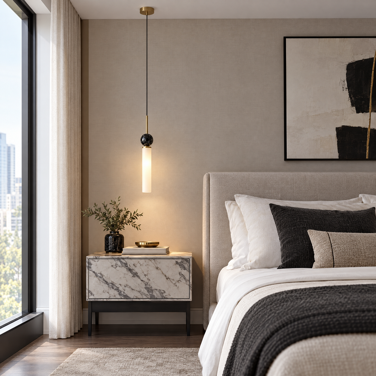 Vertical Marble Cylinder Pendant Light - Copper in a bedroom