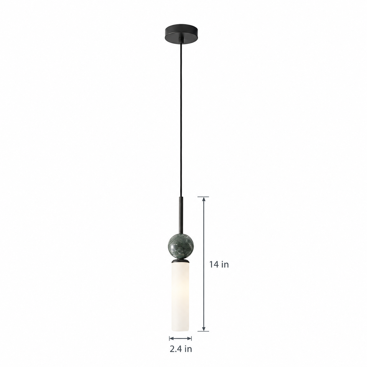 Vertical Marble Cylinder Pendant Light - Black on white with dimensions