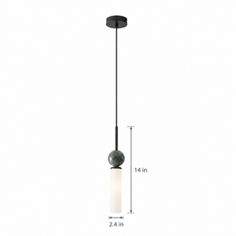 Vertical Marble Cylinder Pendant Light - Black on white with dimensions