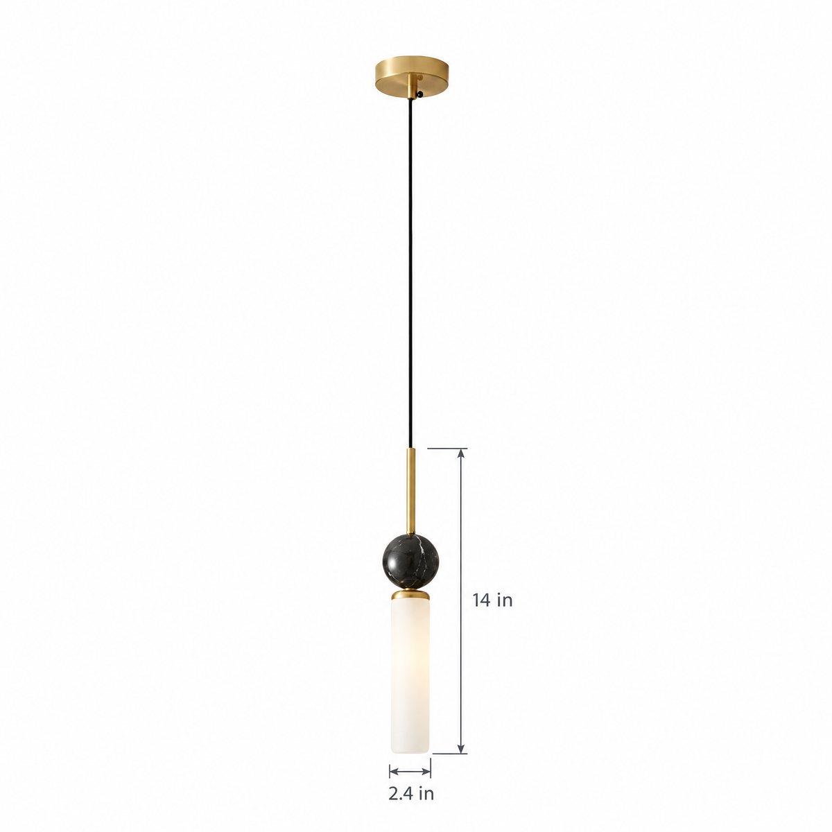 Vertical Marble Cylinder Pendant Light - Copper on white with dimensions