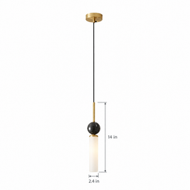 Vertical Marble Cylinder Pendant Light - Copper on white with dimensions