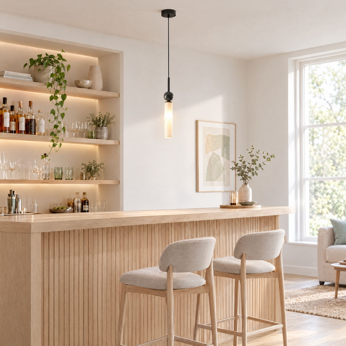 Vertical Marble Cylinder Pendant Light - Black in a home bar