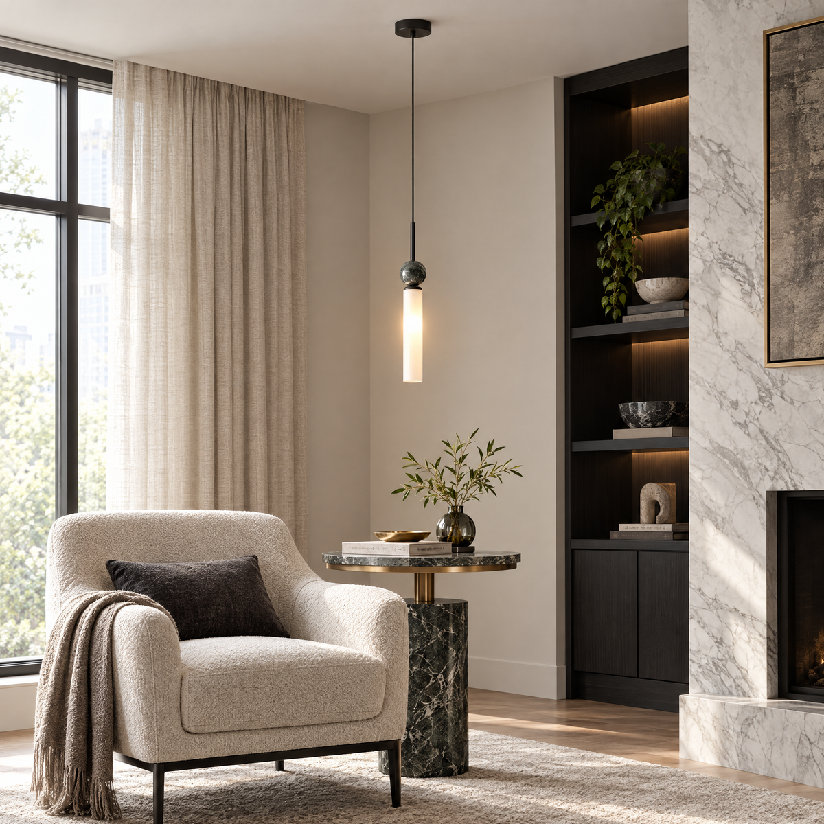 Vertical Marble Cylinder Pendant Light - Black in a reading corner