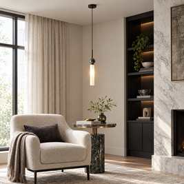 Vertical Marble Cylinder Pendant Light - Black in a reading corner
