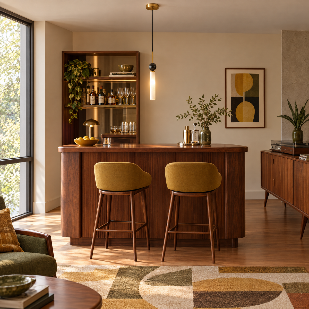 Vertical Marble Cylinder Pendant Light - Copper in a home bar