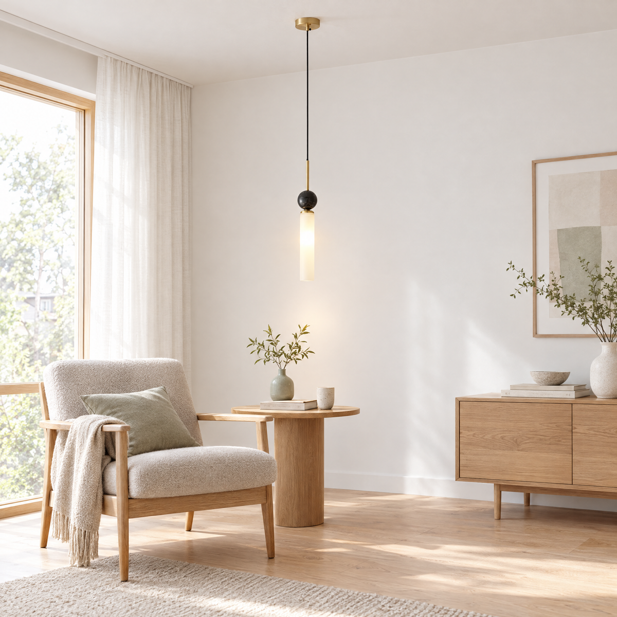 Vertical Marble Cylinder Pendant Light - Copper in a reading corner