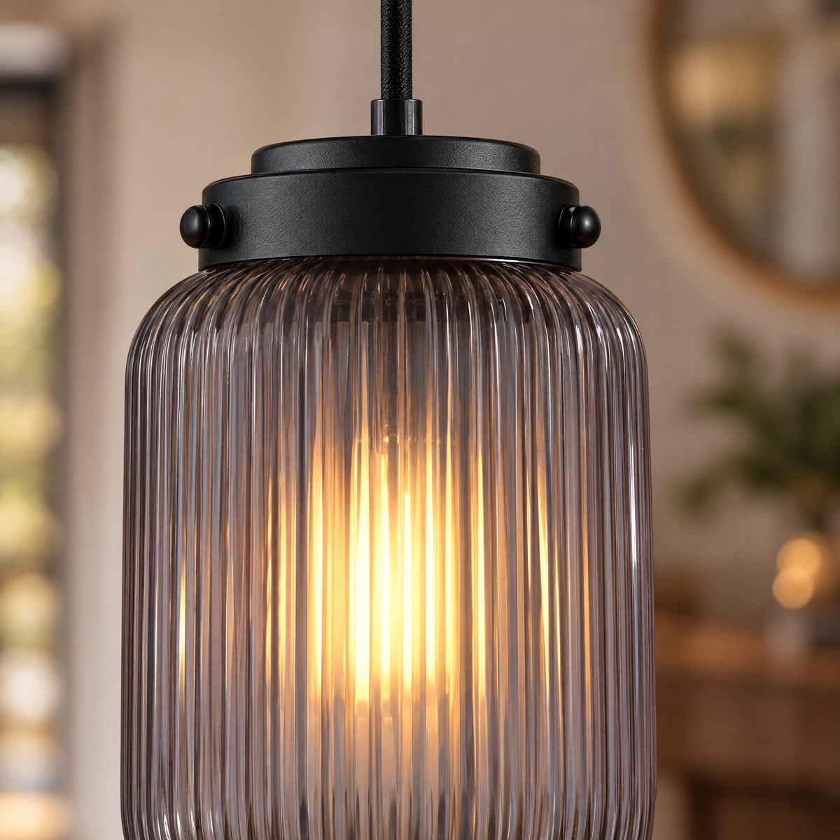 Pinecone Ribbed Glass Pendant Light, Smoke close-up detail
