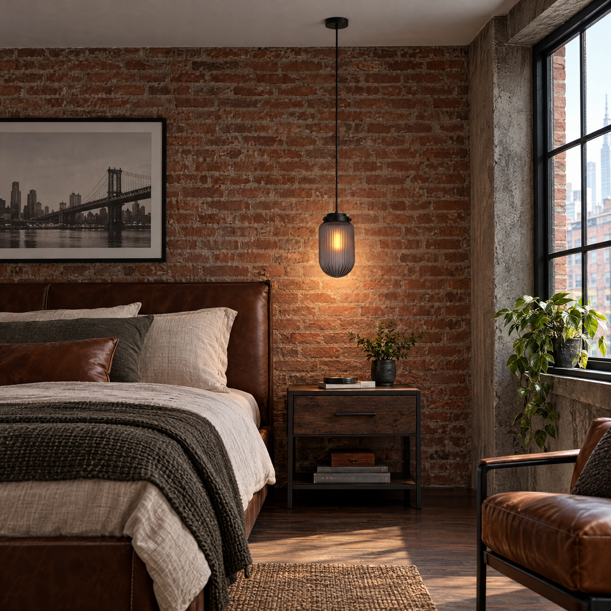 Pinecone Ribbed Glass Pendant Light, Smoke in a bedroom
