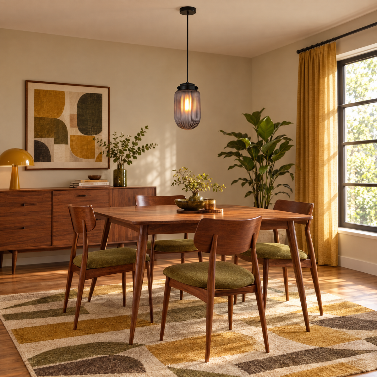 Pinecone Ribbed Glass Pendant Light, Smoke in a dining room