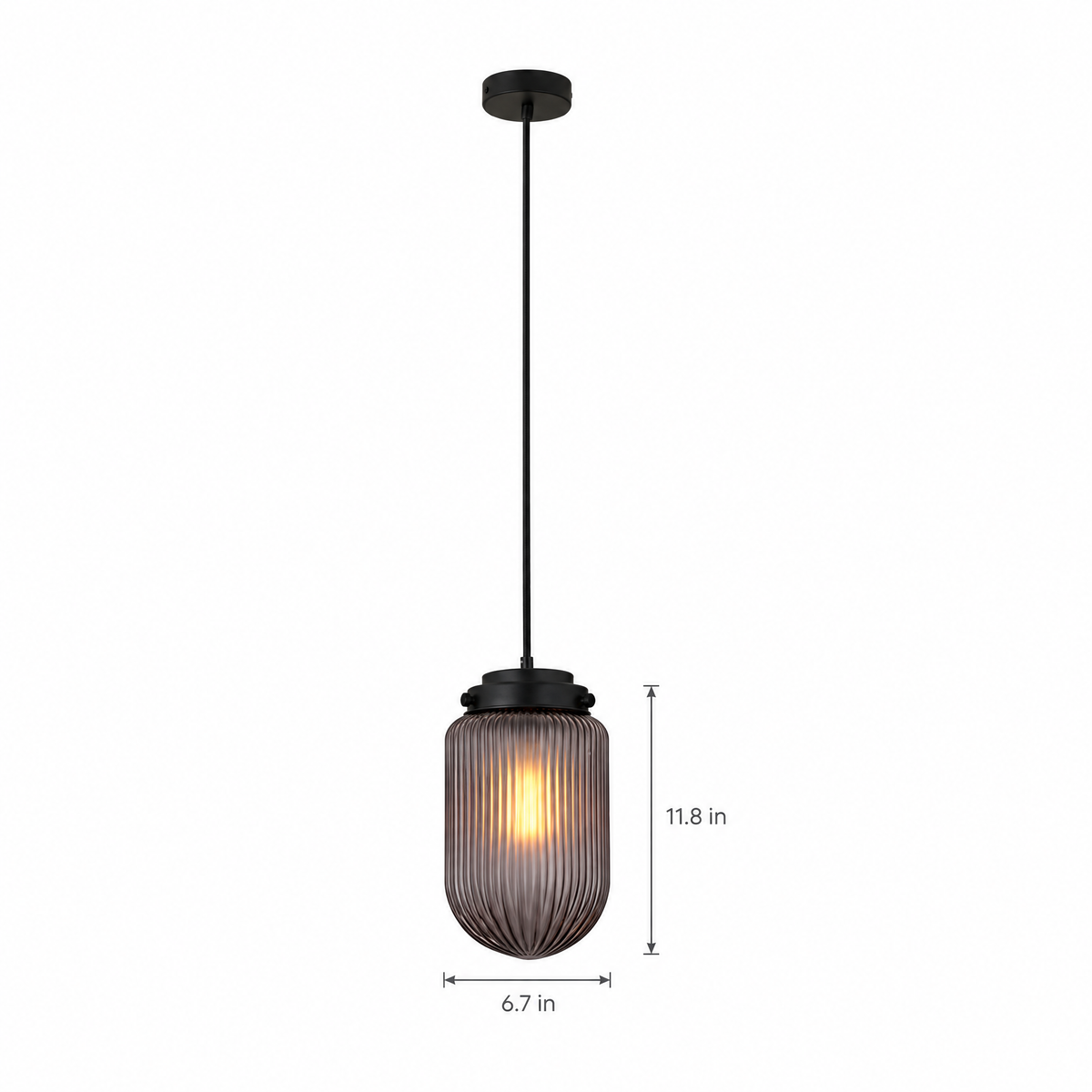 Pinecone Ribbed Glass Pendant Light, Smoke on white with dimensions