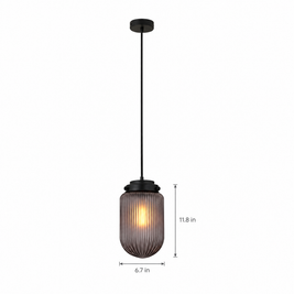 Pinecone Ribbed Glass Pendant Light, Smoke on white with dimensions